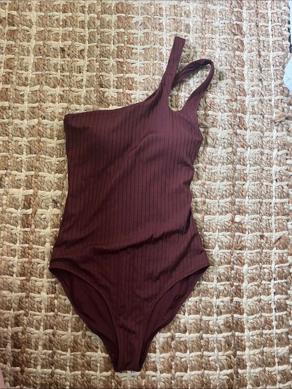 aerie Ribbed One-Piece Swimsuit in Deep Burgundy… one shoulder long torso